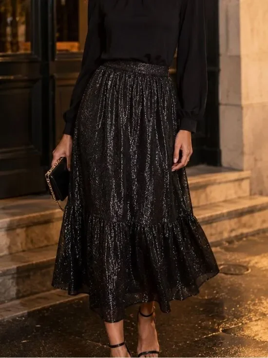 Modcloth Shimmering Rainfall Metallic Midi Skirt Tier Aline Black AU 12 US 8 NWT