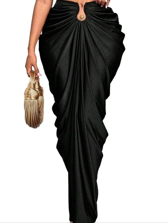 NWOT Women's Cocktail Bodycon High Waisted Fishtail Maxi Skirtruched,long Black