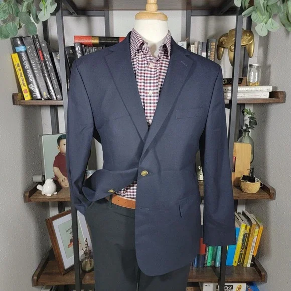Stafford Essentials‎ Men's Sport Coat Blazer Two Button Navy Blue Poly Blend 44R