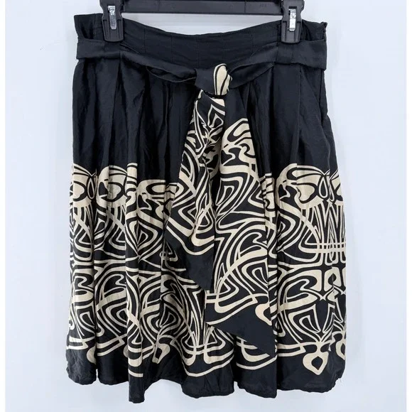 Zara Woman Skirt Women Size 6 Black Cream Abstract Art Nouveau Tie Waist Spain