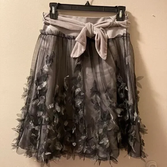 Vintage Silk Skirt Whimsy Goth Lace Overlay Velvet Belt 4 Beverly & Monica Gray‎