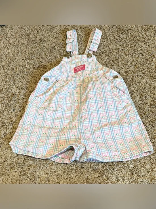 Vintage OshKosh B'gosh 90s Pink Plaid Floral Short Overalls toddler size 3T