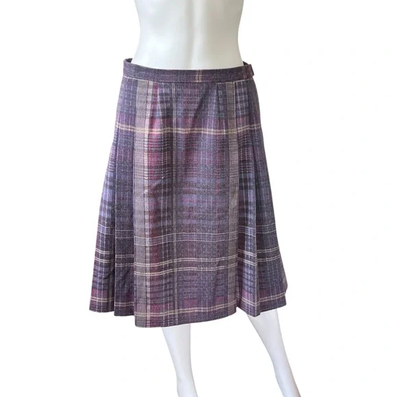 Vintage Purple Plaid Wool A Line Skirt Knee Length Pleated