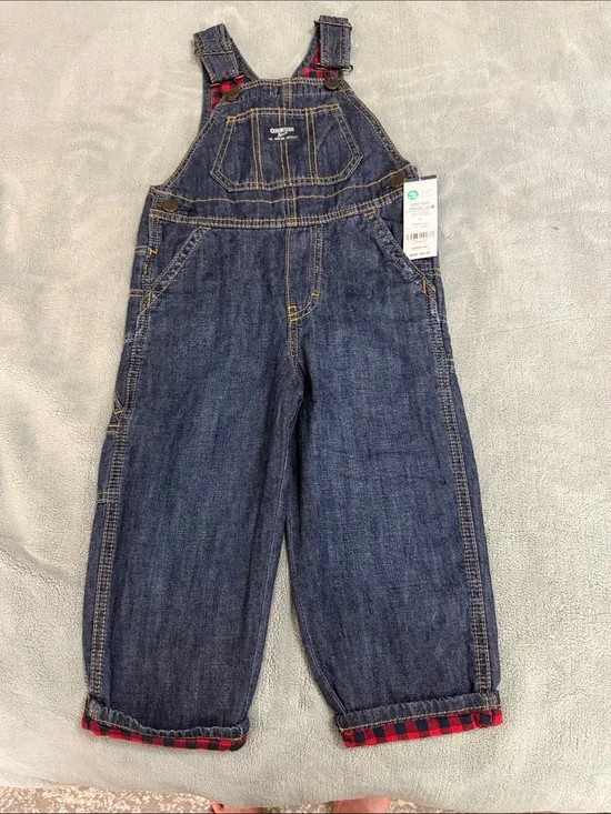 OshKosh B'gosh Dark Blue Denim Overalls with Red Plaid Cuffs