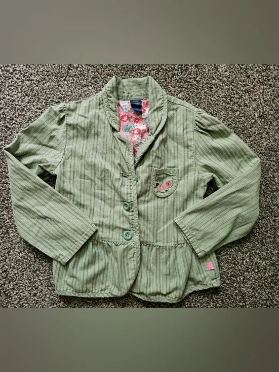 Vintage Y2K OshKosh B'Gosh Girls Green Striped Blazer Jacket Floral Lined Size 6