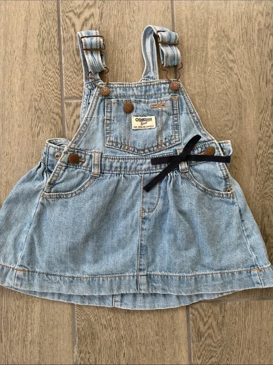 OshKosh B'gosh Light Denim Skirt Overalls with Navy Bow
