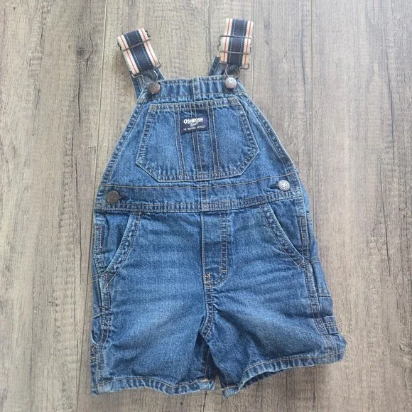 OshKosh Bgosh Toddler Boys Denim Shortalls Blue Medium Wash Striped Straps 2T