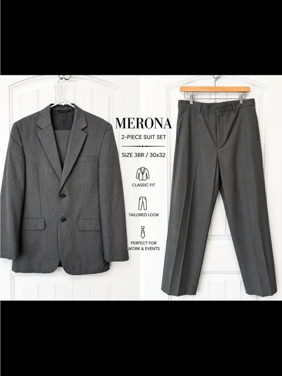 Merona Men's Gray Pinstripe Two-Piece Suit Jacket & Pants