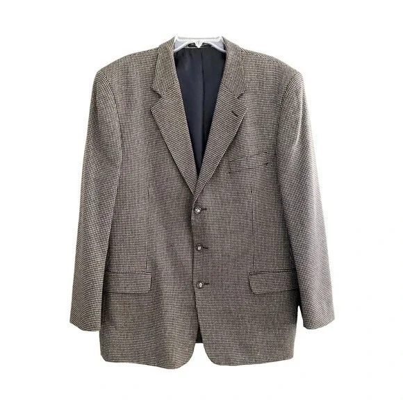 Albert Nipon Mens Size 44R Brown Houndstooth Silk Wool Sport Coat Blazer Jacket