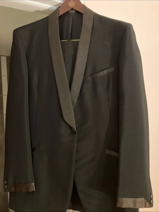 After Six Black Satin-Trim Shawl Lapel Tuxedo Jacket
