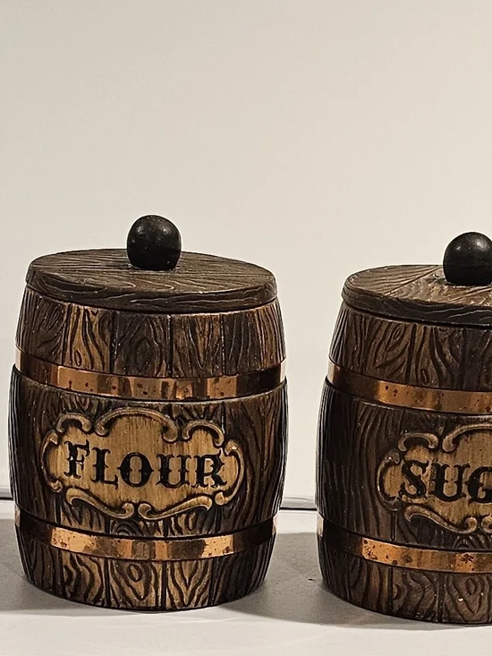 Vintage Treasure Craft Wood Grain Barrel Ceramic Canisters - Brown & Gold