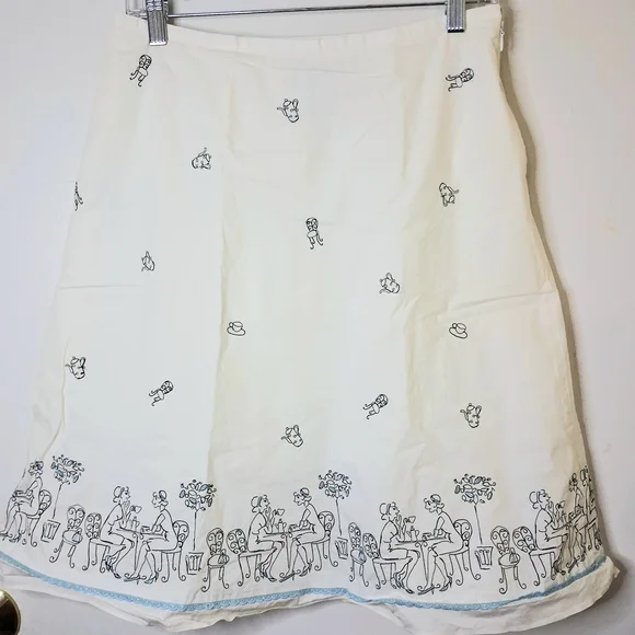 LOFT Women's A-Line Embroidered Cream‎ Skirt with Black Coffe And Tea Pattern