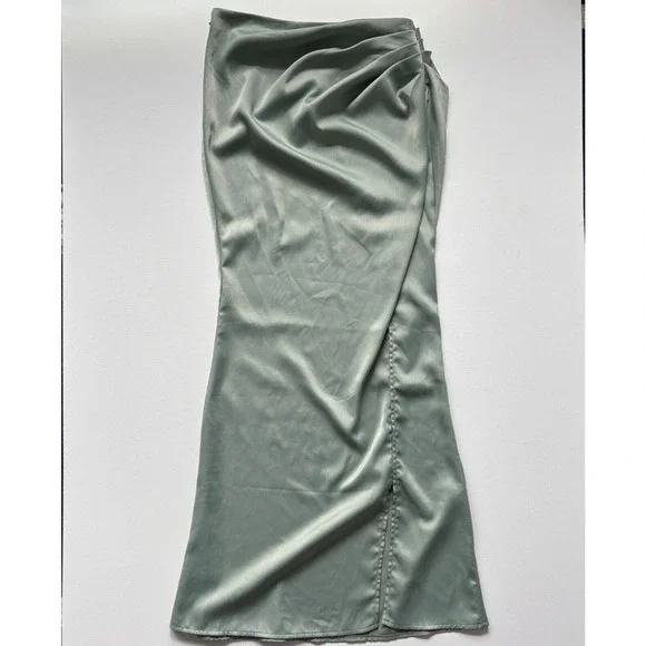 Pretty Little Thing Women's Sage Sheer Ruched Side Split Leg Maxi Skirt Size 6