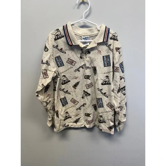 Vintage OshKosh Bgosh Kids 6 Long Sleeve Polo Backcountry Fishing Dog Print USA