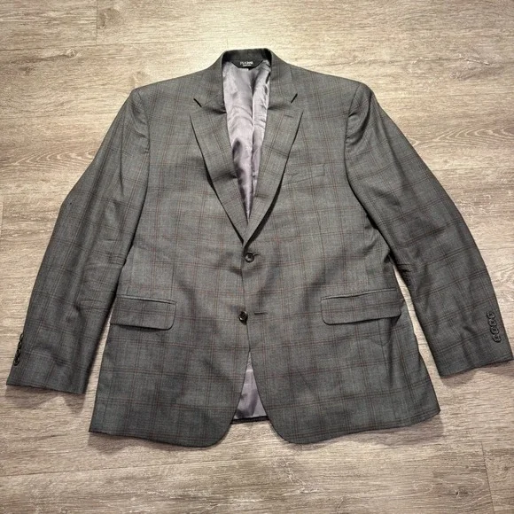 Jos A Bank Sport Coat 44 R‎ Gray Plaid Silk Wool Blend Two Button Blazer Jacket