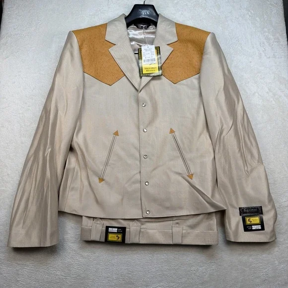 Vintage Western Cowboy Suit Pearl Snap Rodeo Rockabilly Stage Tan 48x40