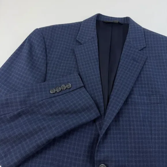Jos. A Bank Travelers Collection Blazer 40R Tailored Fit Blue Plaid Wool Jacket