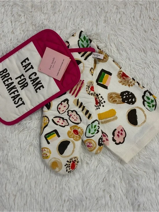 Kate Spade Eat Cake For Breakfast 3 Piece Set Towel, Oven Mitt, Pot Holder NWT