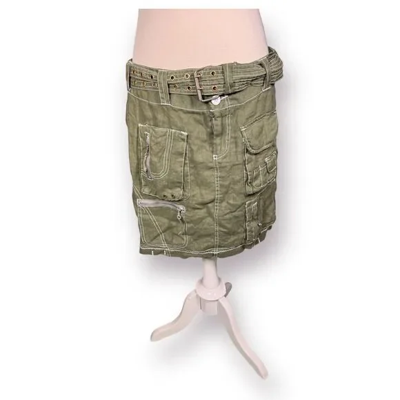Pete & Greta 100% Green Linen‎ Belted Cargo Mini Skirt Size 4 Retro Midi Skirt