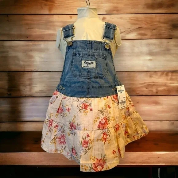 OshKosh B'gosh‎ Denim Overalls Dress Floral Ruffle Baby Girl 18 Months