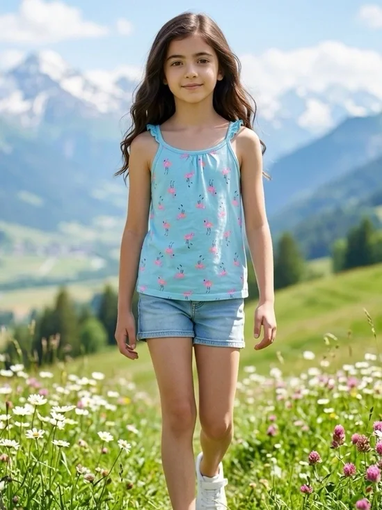 EUC OshKosh B’Gosh Girls Blue Tank Top Pink Flamingos - Size 6X