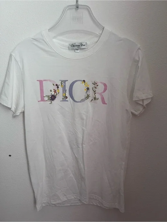 Dior White Tee with Pastel Floral Logo