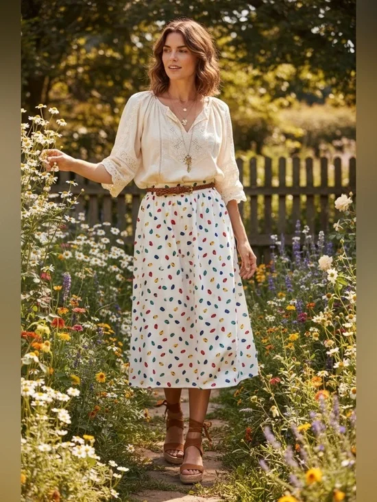 Vintage Y2K Josephine White Confetti Print Midi Skirt Cottagecore Grandma Chic M