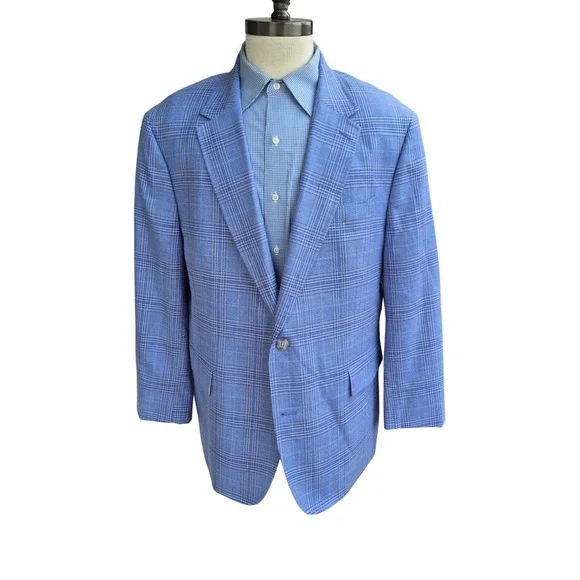 UNTUCKit Vasquez Blue Plaid Wool Silk Linen Sport Coat Blazer 48R Reda‎ Fabric