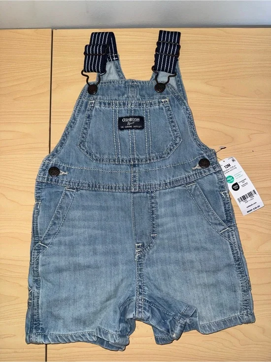 OshKosh B'gosh Light Blue Denim Short Overalls with Navy Striped Straps