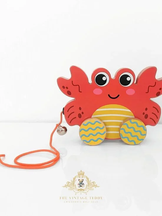 NWT Cute Children's Wooden Hand-Painted Toy Pull Along Animal Trailer Red Crab