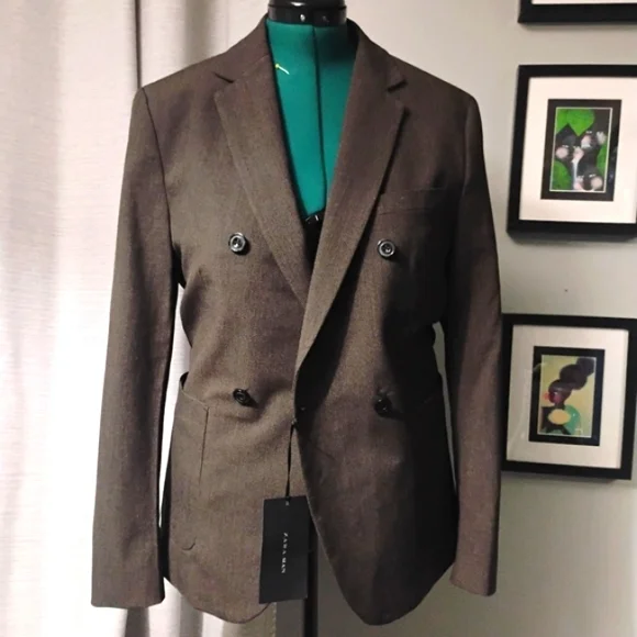 Zara Man 4 Button Textured Double Breasted Brown Blazer Sz 38 NWT
