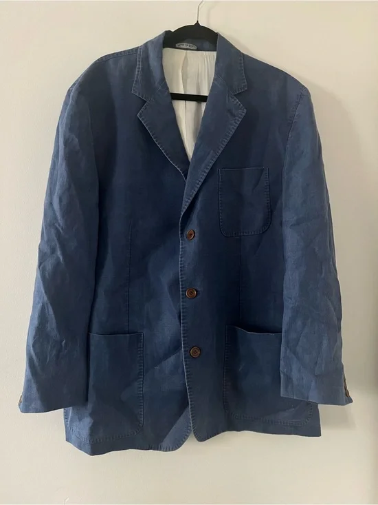 Vintage 100% Linen Blue Chambray Blazer Mens XL Jacket Quiet Luxury Business