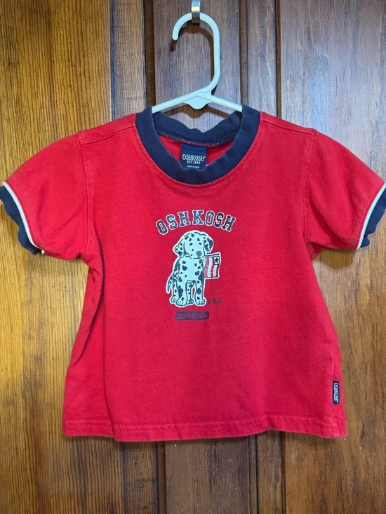 Vintage Osh Kosh Red T-Shirt Size 24 Months Dalmatian with American Flag
