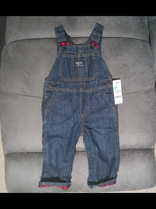 OshKosh B'gosh Blue Denim Overalls with Red Plaid Trim