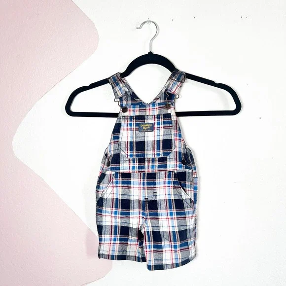 OshKosh Overalls Navy Red Plaid Shortalls Cotton Pockets 18M‎