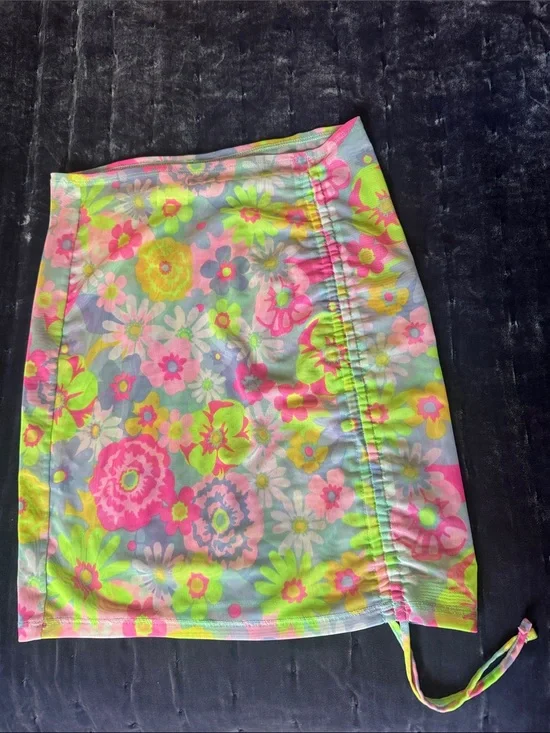 Xhilaration Neon Floral Ruched Drawstring Mini Skirt - Pink, Lime, Yellow