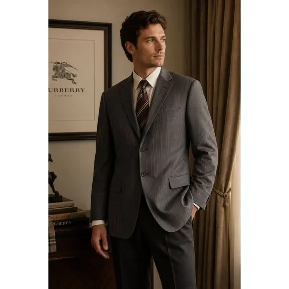 Burberry London Gray 100% Wool Stripe Blazer Sports Coat Jacket   Mens Size 46R