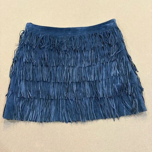 Michael Kors Leather Fringe Boho Mini Skirt Blue Size 2
