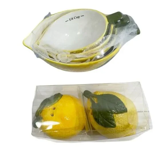 NWT 4 LEMON MEASURING CUPS AND SALT & PEPPER CERAMIC‎ SHAKER SET