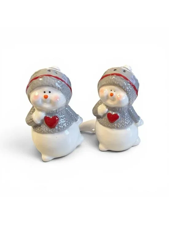 Ceramic Snowman Salt & Pepper Shaker Set With Heart Accents - Winter Holiday Kit