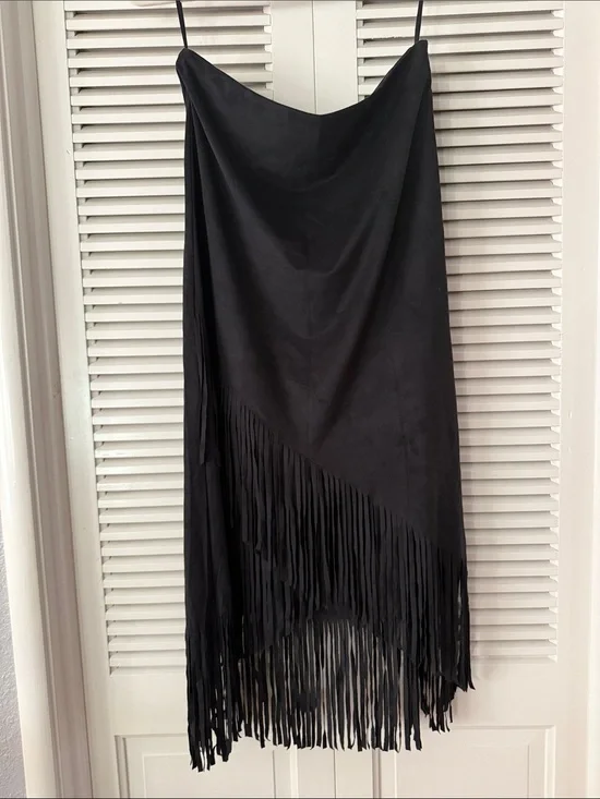 Sleek black skirt with long fringe hem. Soft suede-like texture. Hobo