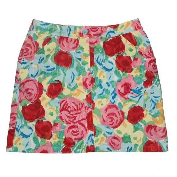 Talbots‎ Womens Floral Print A-Line Stretch Skirt Size 10 Pink Red Blue Yellow