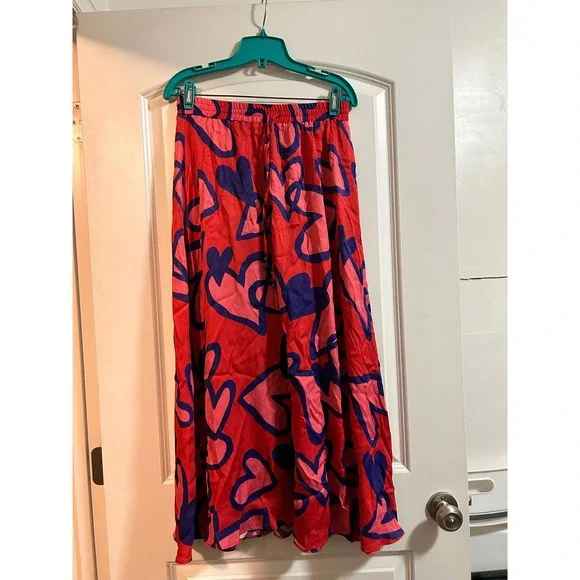 FARM Rio for Anthropologie Maxi Skirt Red Blue Pink Heart‎ Print Elastic Waist S