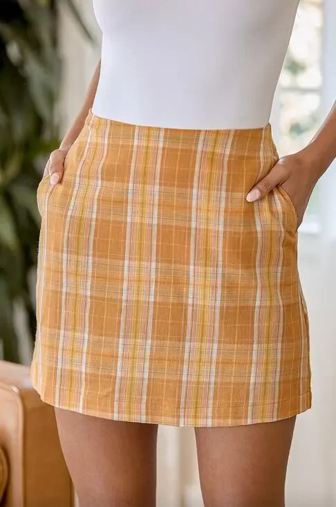 Lulu's Always Sunshine Mini Skirt Large Orange Multi Plaid High-Waisted NWT