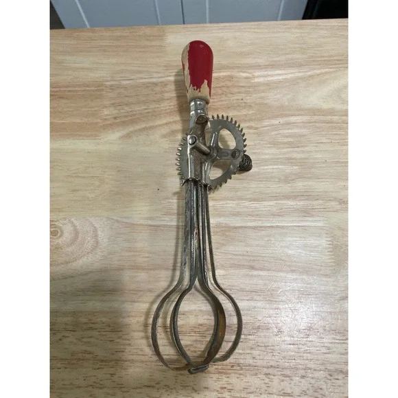 Vintage Hand Crank Egg Beater Red Wood Handle Metal Manual Rotary Whisk Antique