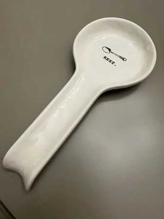 Rae Dunn White Ceramic Spoon Rest with Spoon Icon and Script
