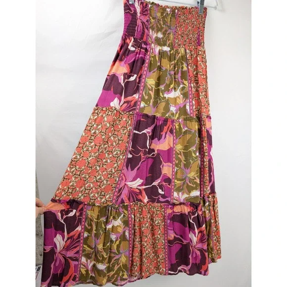 Floral Patchwork Smocked Maxi Skirt Purple Pink Cottagecore Priaire Hippie Boho