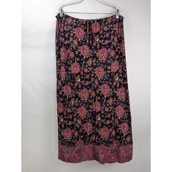 Vintage Y2K Floral Paisley Beaded Maxi Skirt Size L Pink Romantic Cottagecore