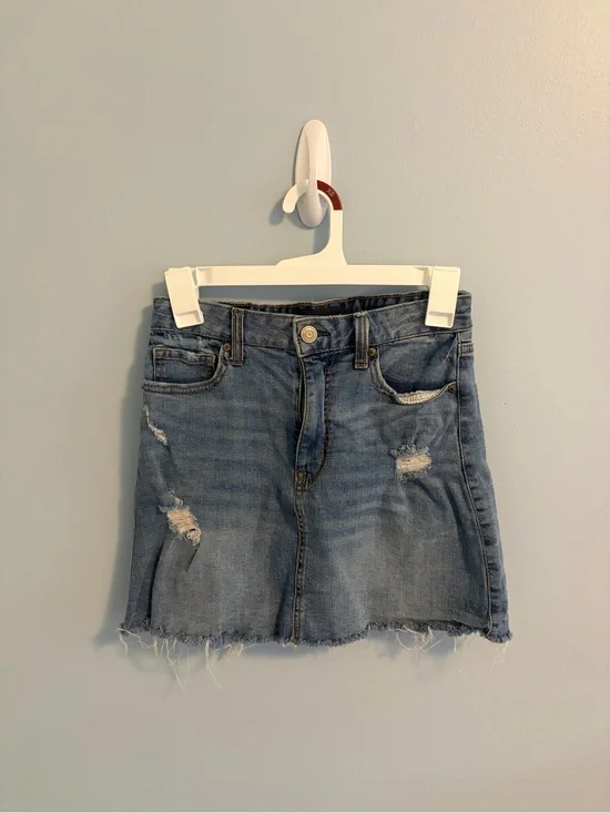Aeropostale Light Blue Denim Mini Skirt with Frayed Hem