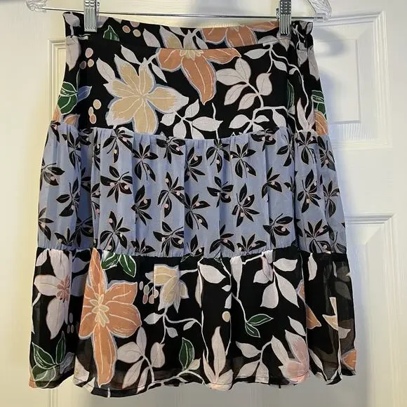 LOFT Womens Floral Tiered Mini Skirt Black‎ Blue Peach Size 2 NWT 446825
